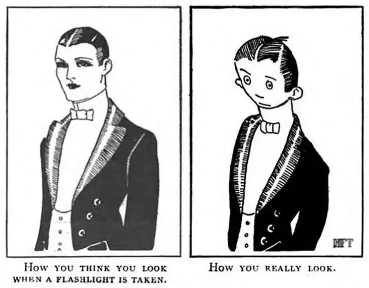 Two drawings of the same young man in evening dress: sleek and sharp, then goofy and round-eyed