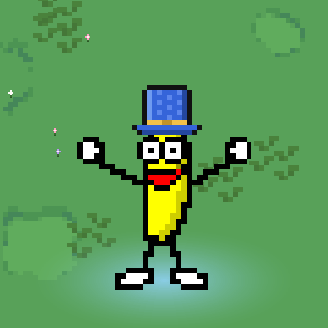 A dancing banana wearing the Blue Top Hat, glowing in the park