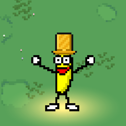 A dancing banana wearing the Gold Top Hat, glowing in the park