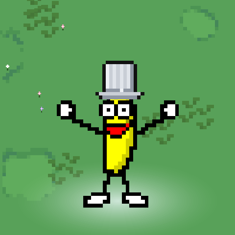 A dancing banana wearing the Silver Top Hat, glowing in the park