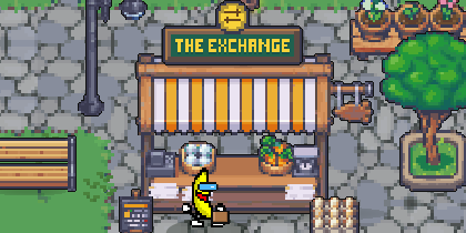 The Exchange, a striped market stall on the square.