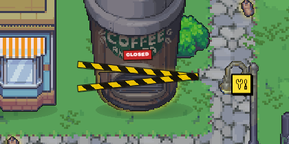 The Coffee Cup shut behind hazard tape, with Bean waiting outside.