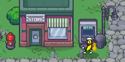 Pip outside the General Store, holding a rubber chicken.