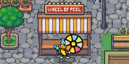 Twirl with a bunch of balloons beside the Wheel of Peel on its market stall.