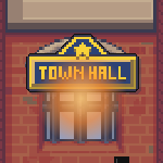 The town hall’s upper window, lit.