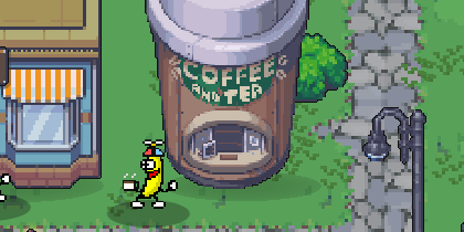 Bean by the Coffee Cup, the town’s coffee kiosk, a mug in hand.